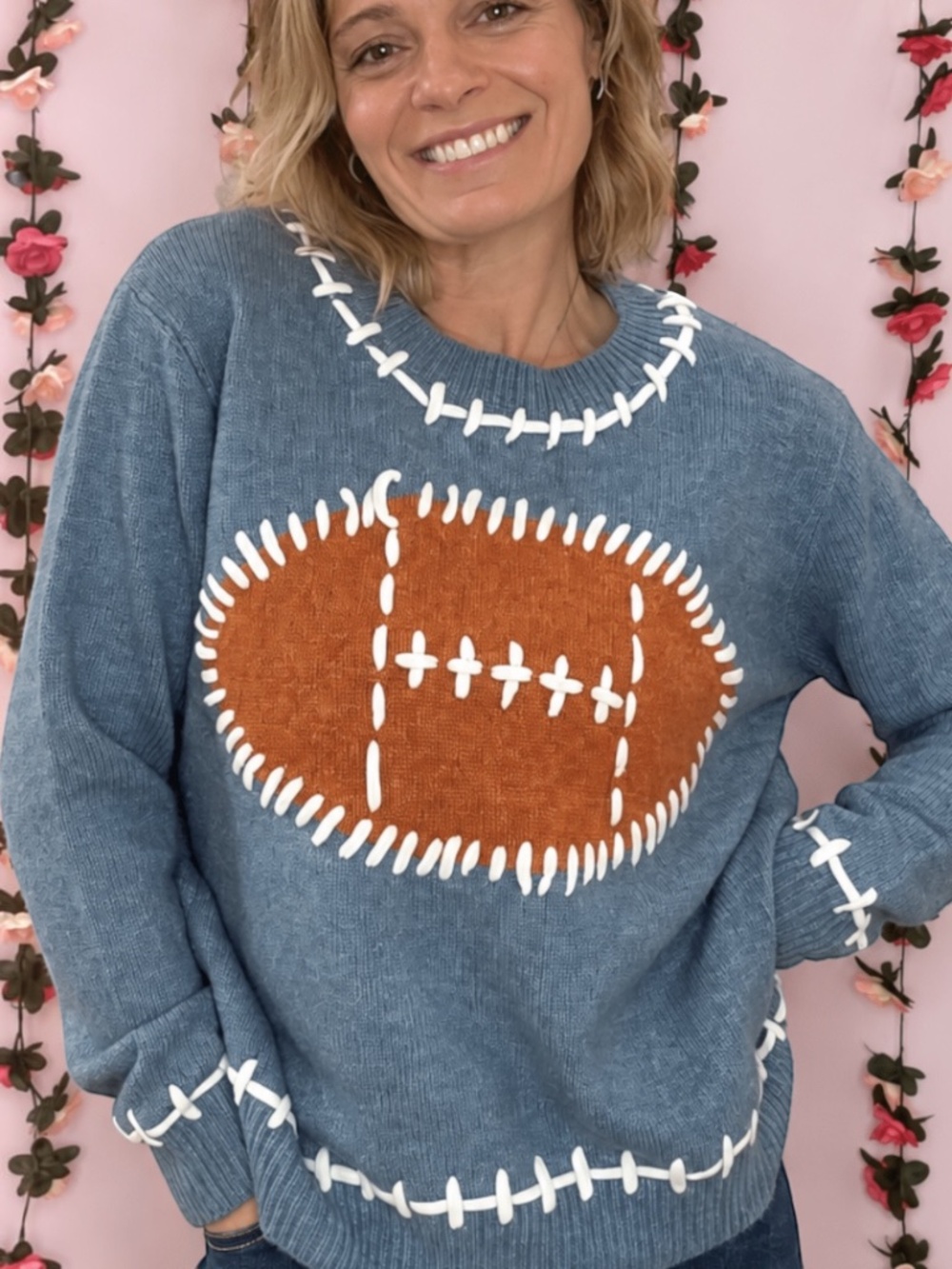 Dusty Blue Football Knit Sweater -BIBI